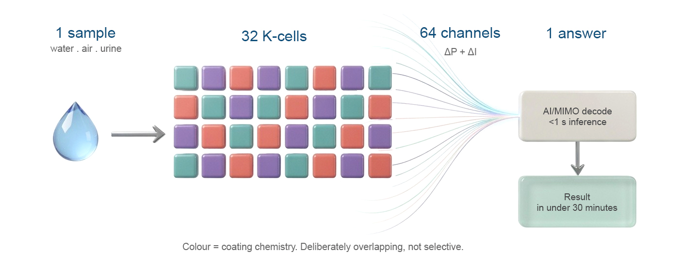 SafeDrop pipeline: sample intake, K-cell array, dual readout and AI fingerprint decoding