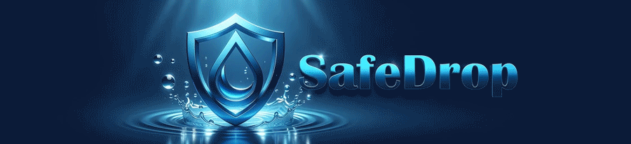 SafeDrop animated banner with water splash, glowing shield and logo